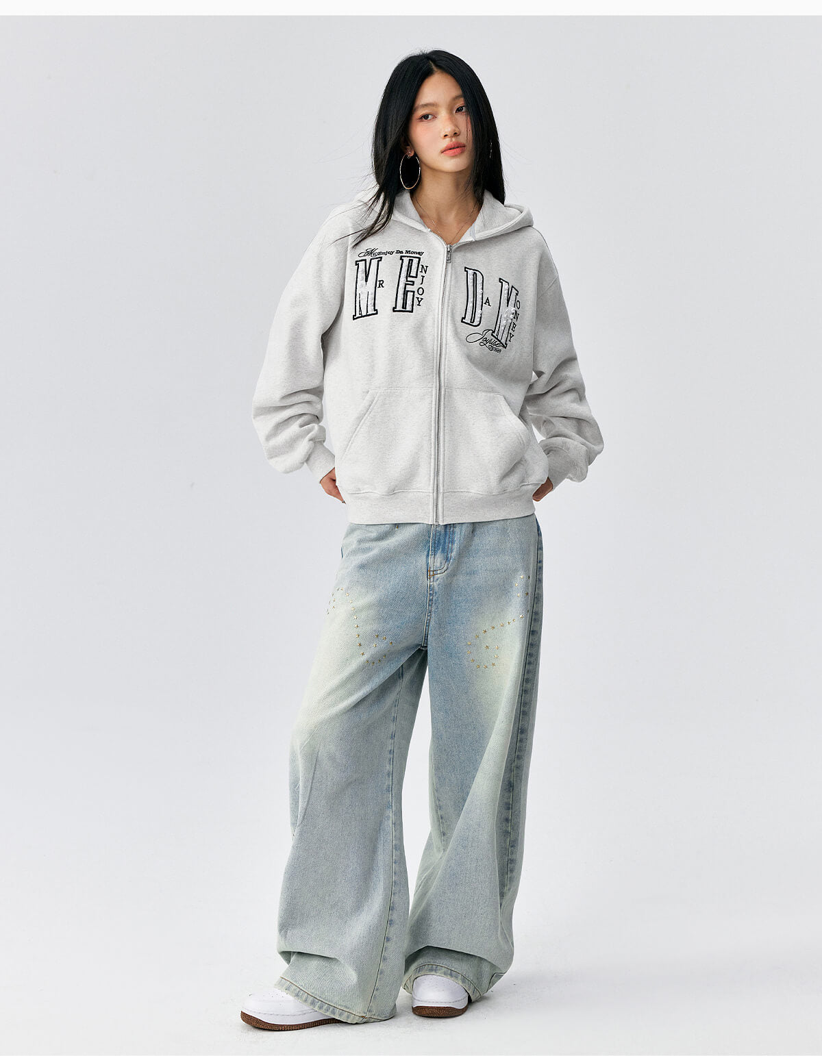 MEDM Pearl Logo Embellished Zip Up Hoodie