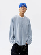 MEDM Rose Embroidered Striped Henley Long Sleeve Tee