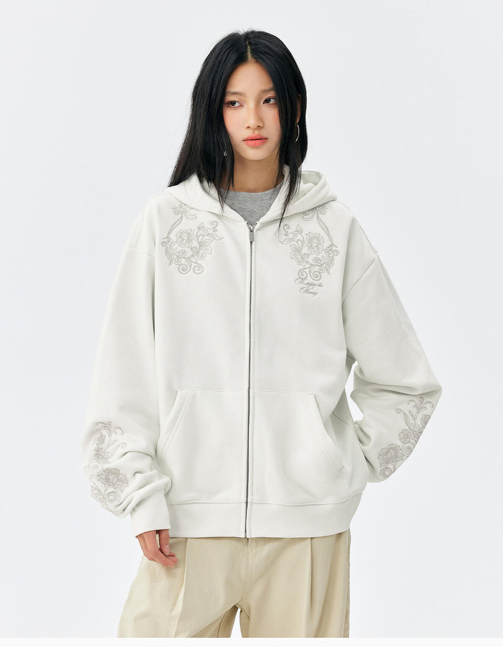 MEDM Patterned Flower Embroidered Zip Up Hoodie