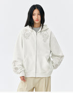 MEDM Patterned Flower Embroidered Zip Up Hoodie
