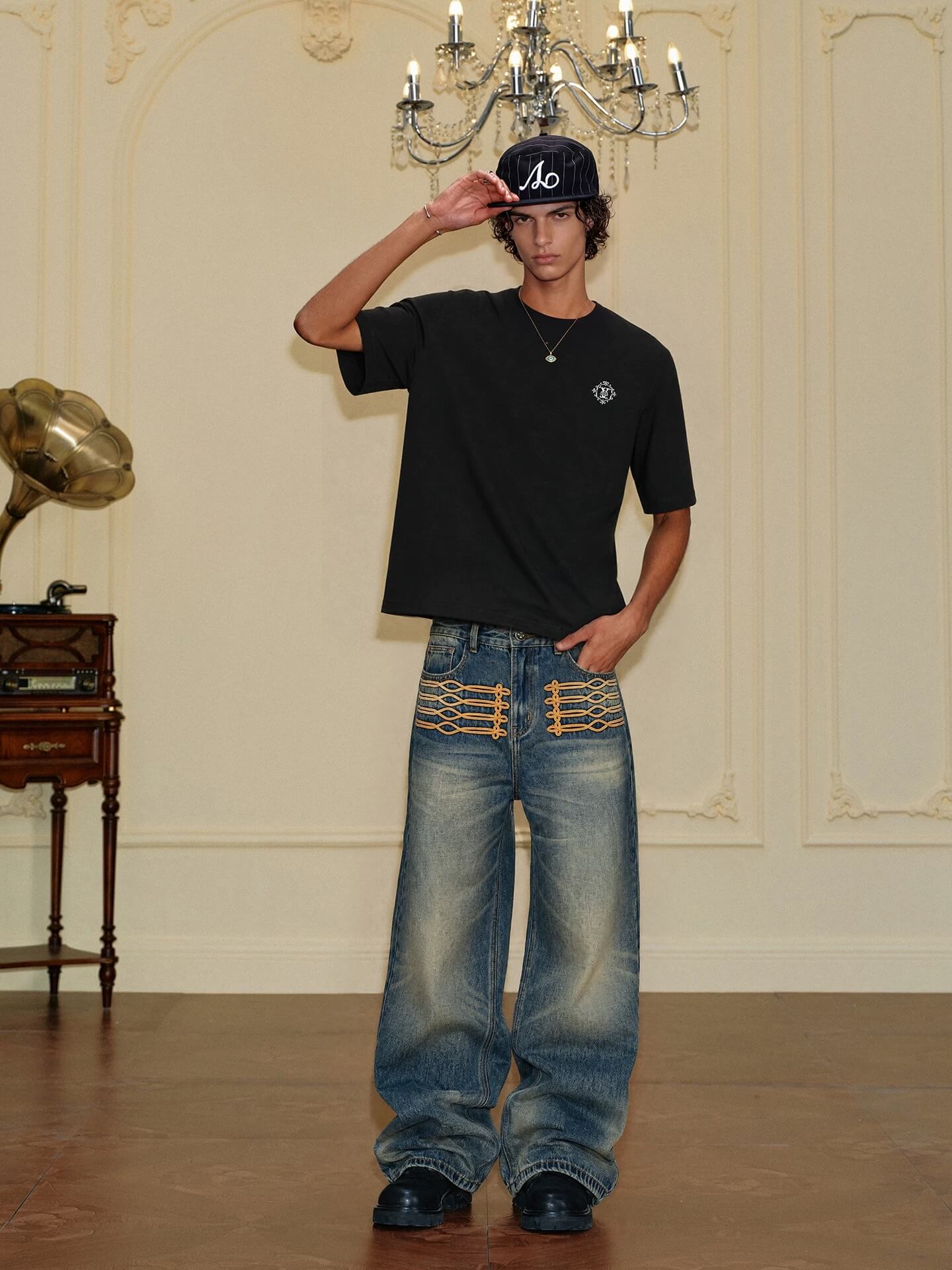 YADcrew Braid Embroidered Washed Loose Fit Jeans