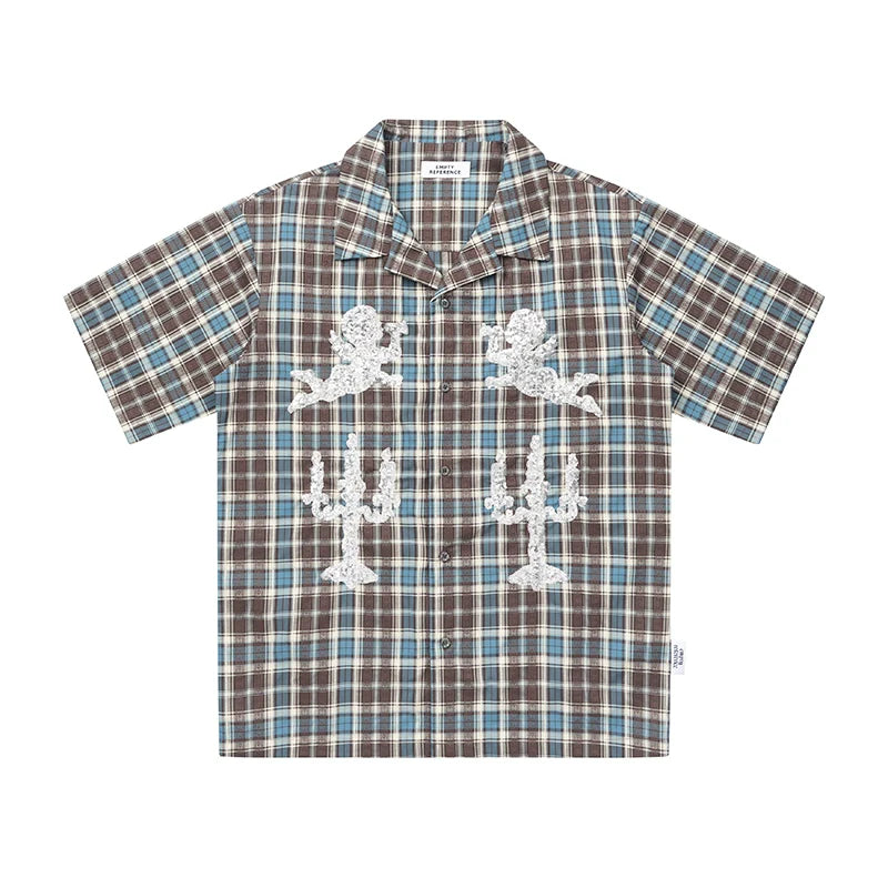 EMPTY REFERENCE Angel and Candlestick Sequin Plaid Short Sleeve Shirt
