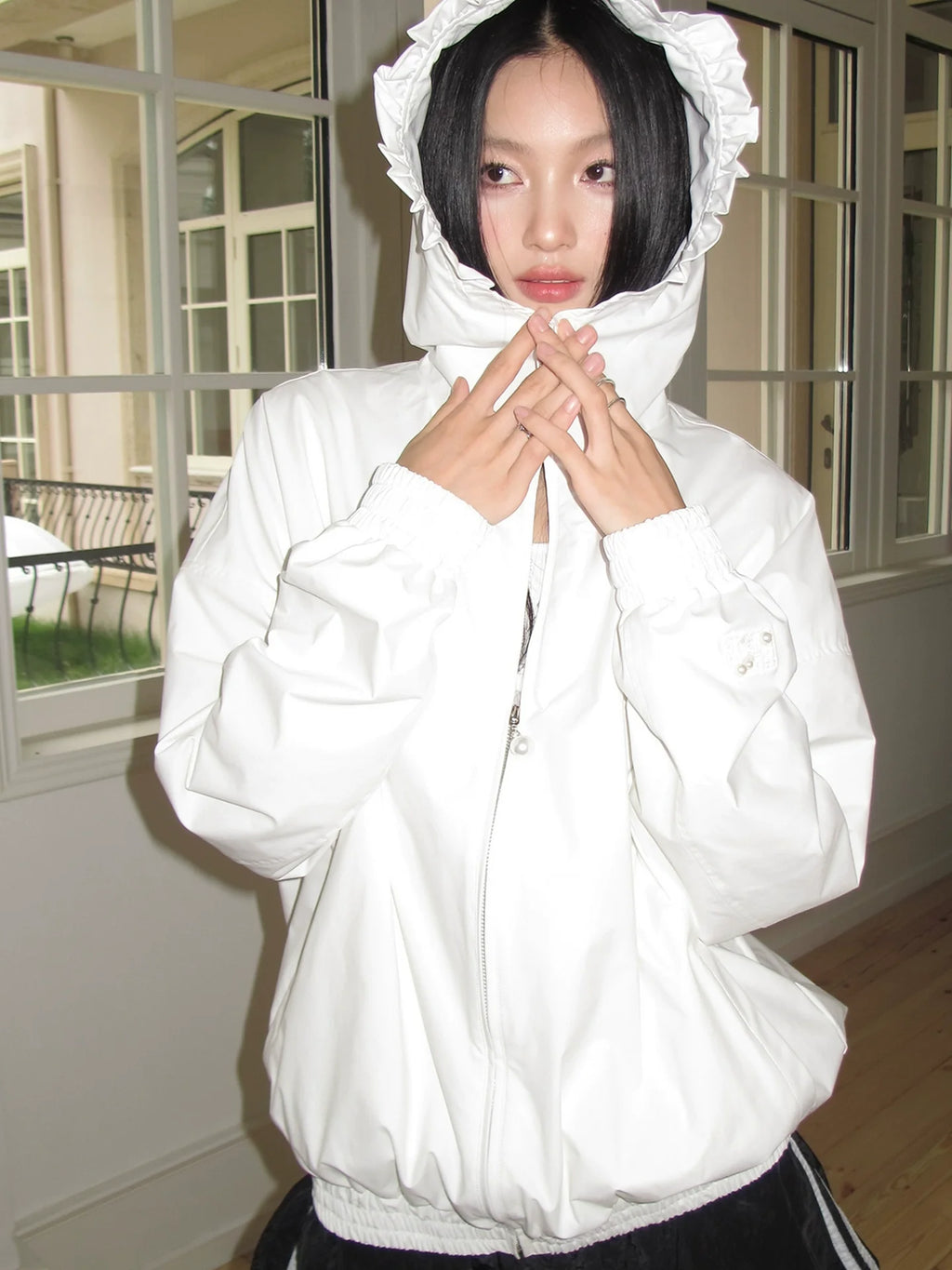 MEDM Pearl Logo Lace Hooded Zip Jacket