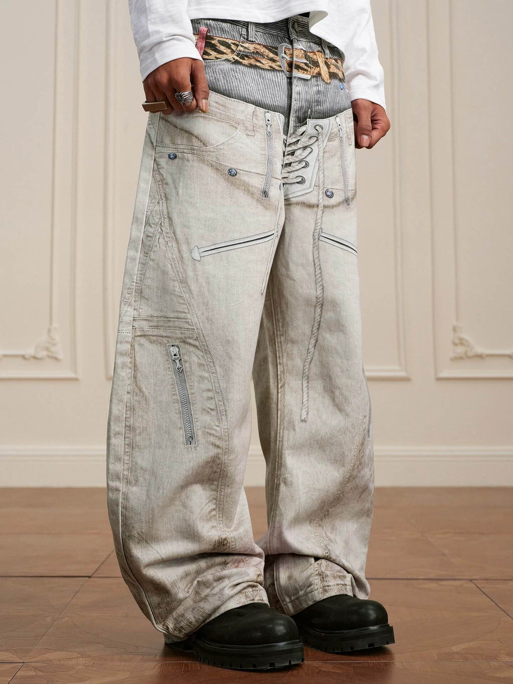 YADcrew Leopard Belt Double Waist 3D Digital Print Machete Jeans