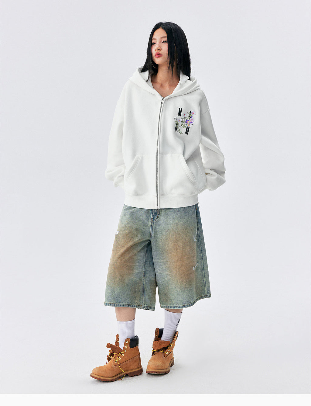 MEDM Floral Logo Embroidered Zip Up Hoodie