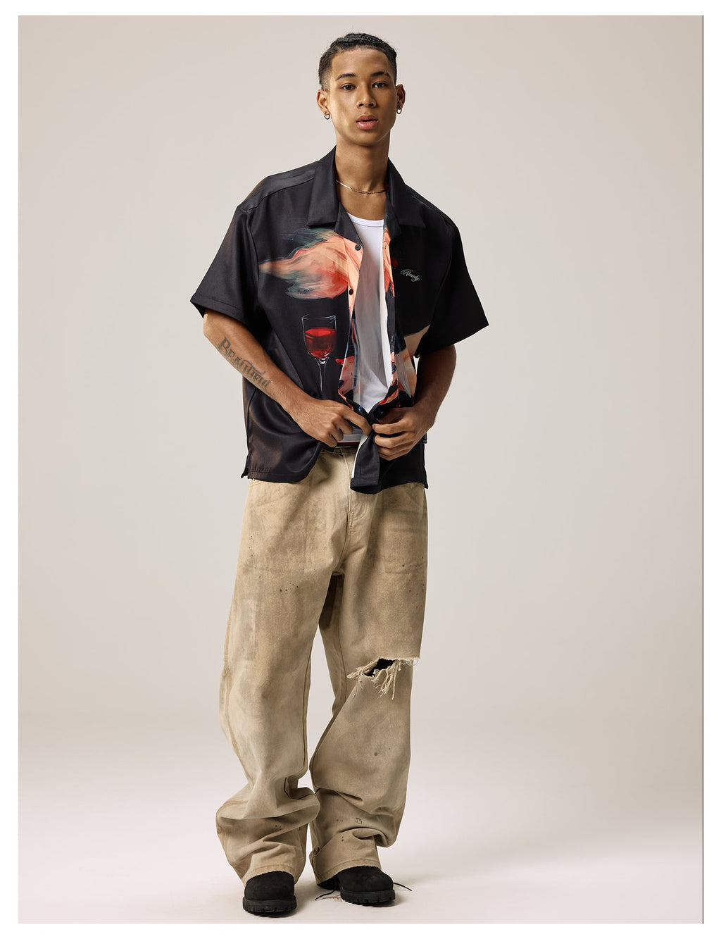 Remedy Finger and Wine Glass Full Print Short Sleeve Cuban Shirt