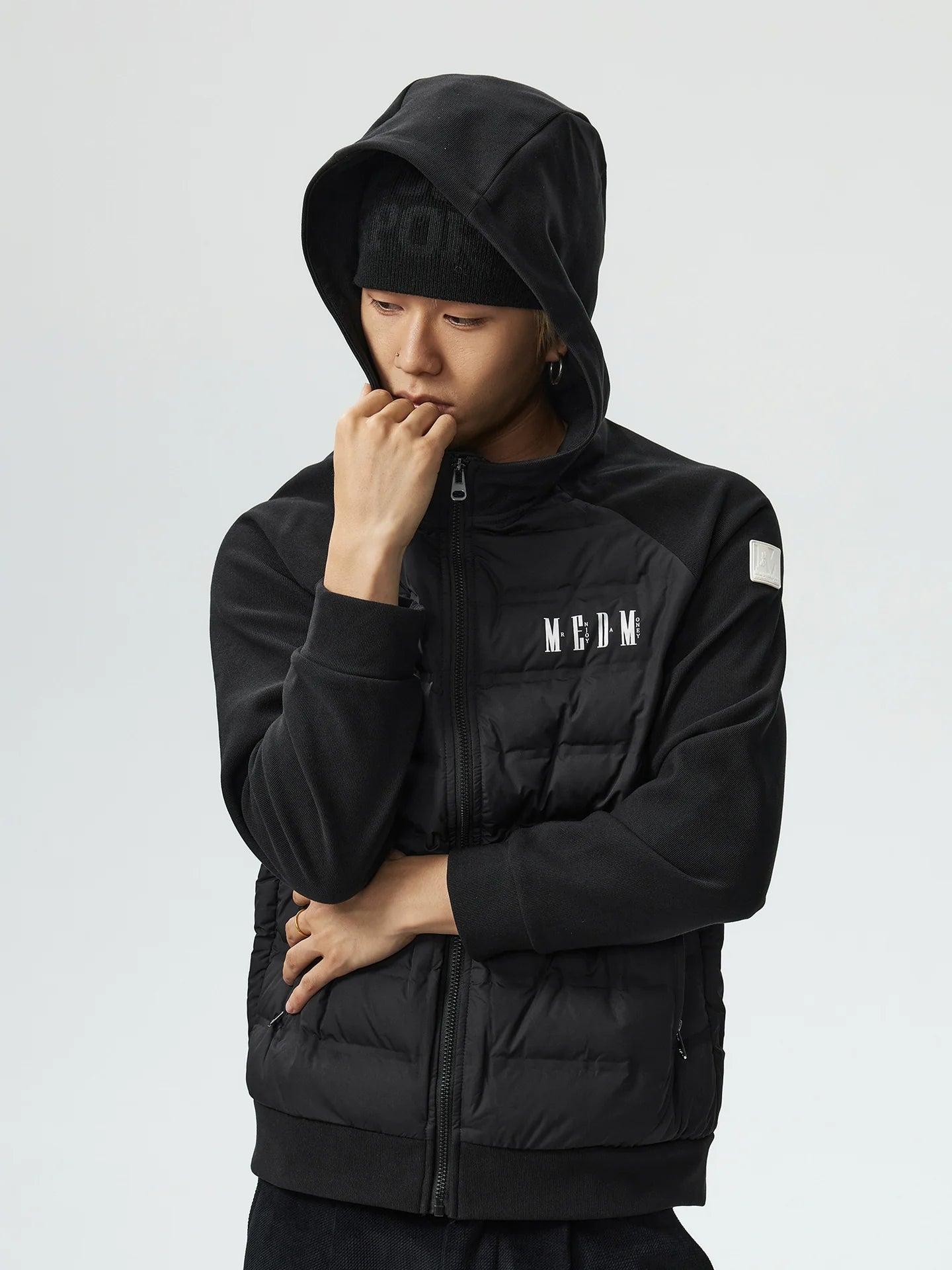 MEDM Patchwork Raglan Sleeve Lightweight Hooded Down Jacket