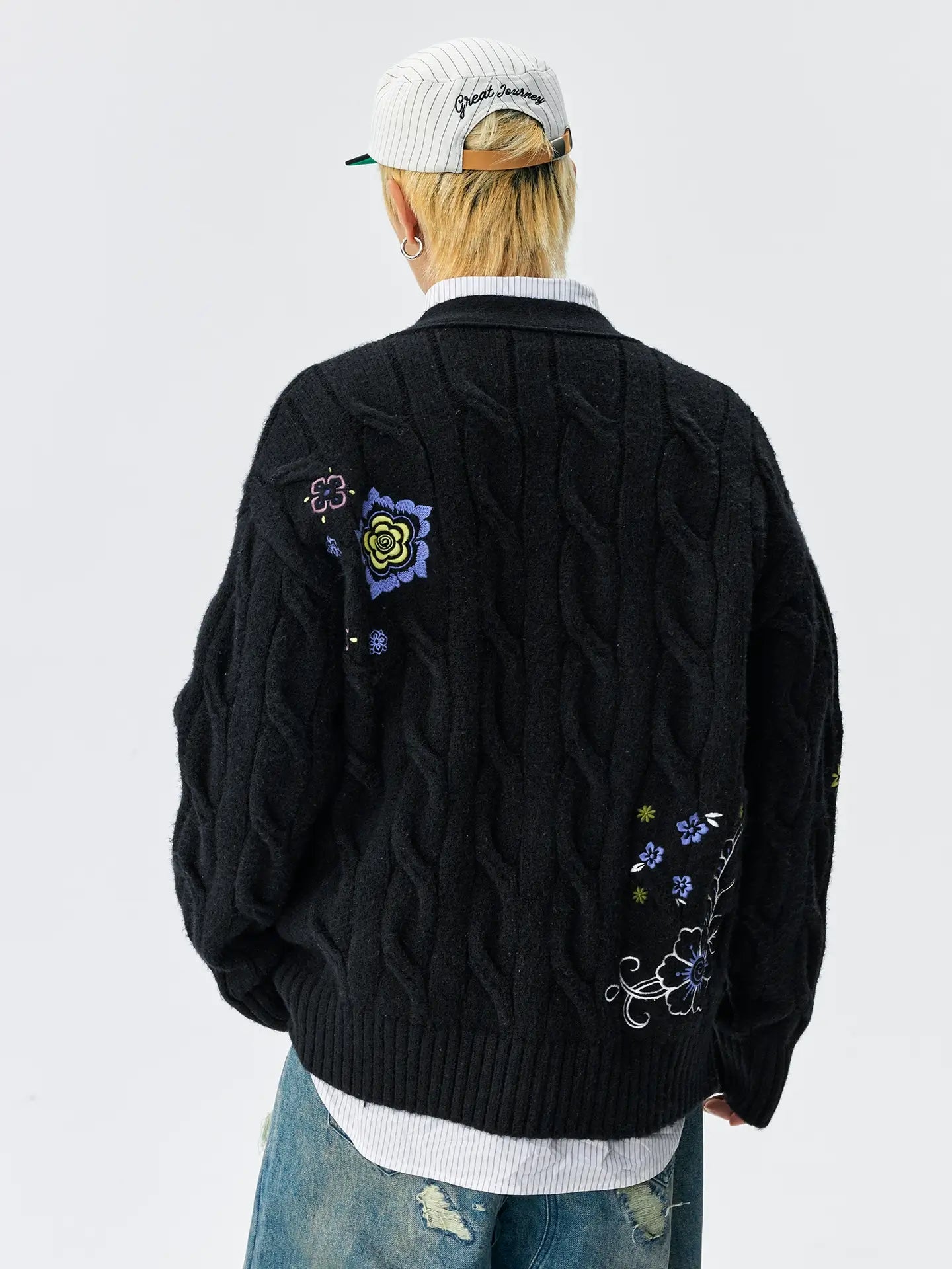 MEDM Floral Butterfly Embroidered Cable Knit Cardigan