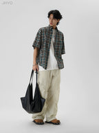 JHYQ Beaded Shoulder Plaid Short Sleeve Shirt