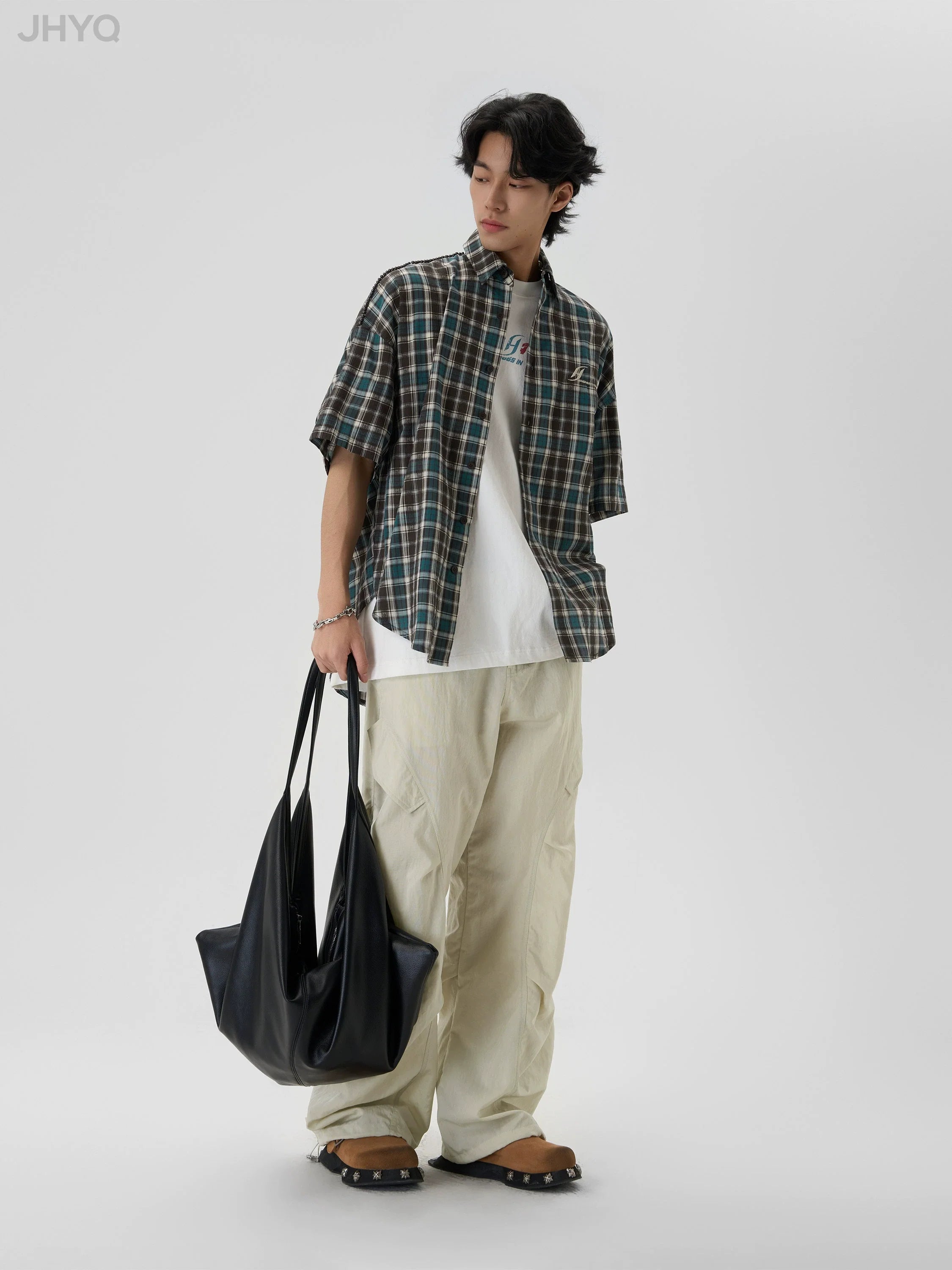 JHYQ Beaded Shoulder Plaid Short Sleeve Shirt
