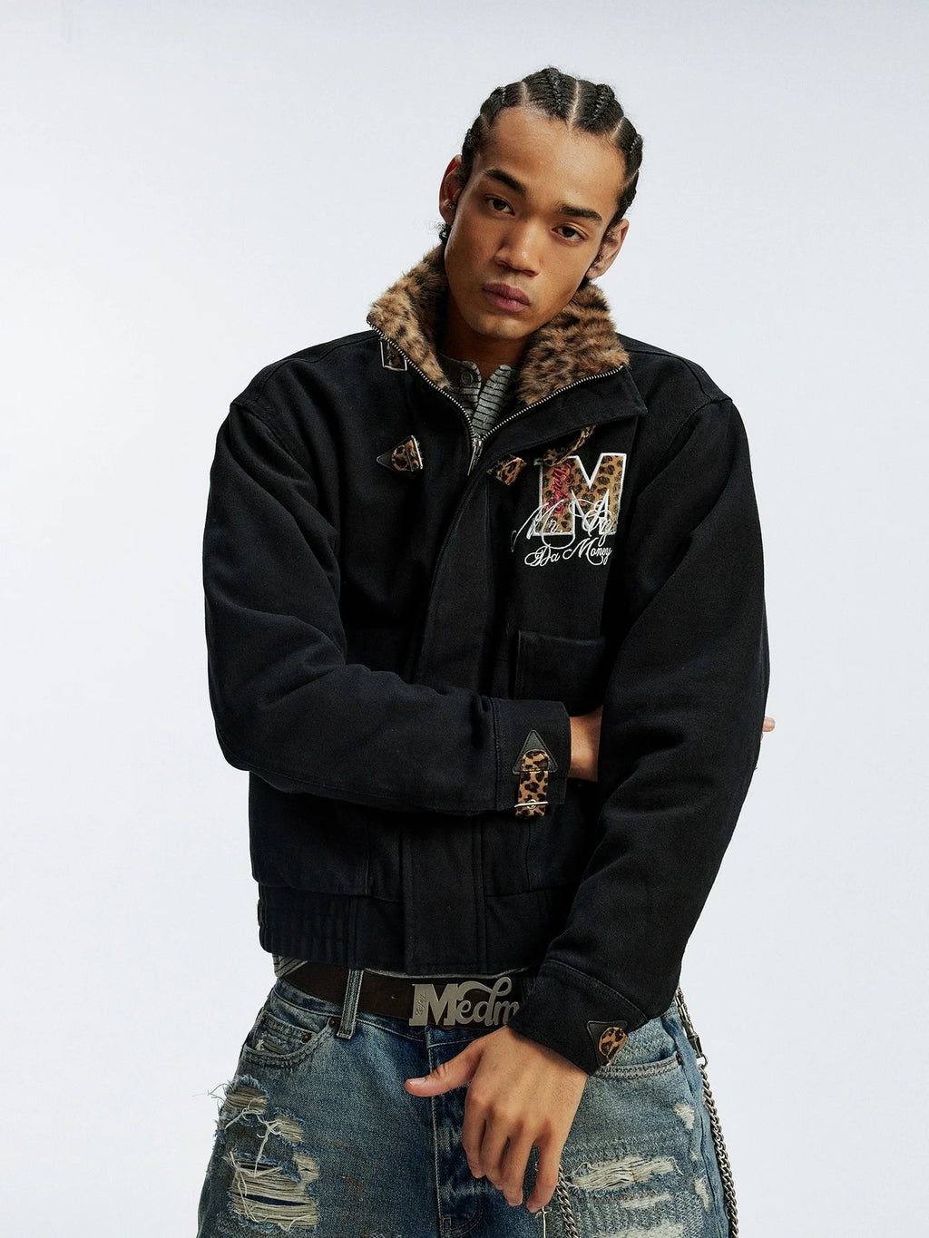 MEDM Leopard Collar Belted Work Jacket