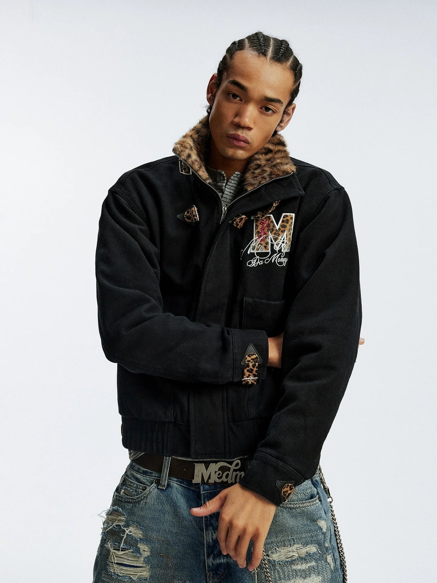 MEDM Leopard Collar Belted Work Jacket