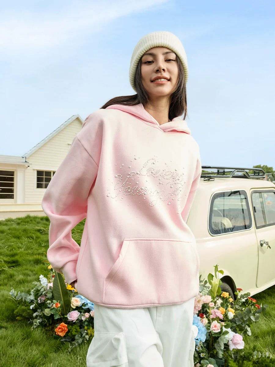 Harsh and Cruel Handwritten Font Pearl Embellished Crafted Hoodie