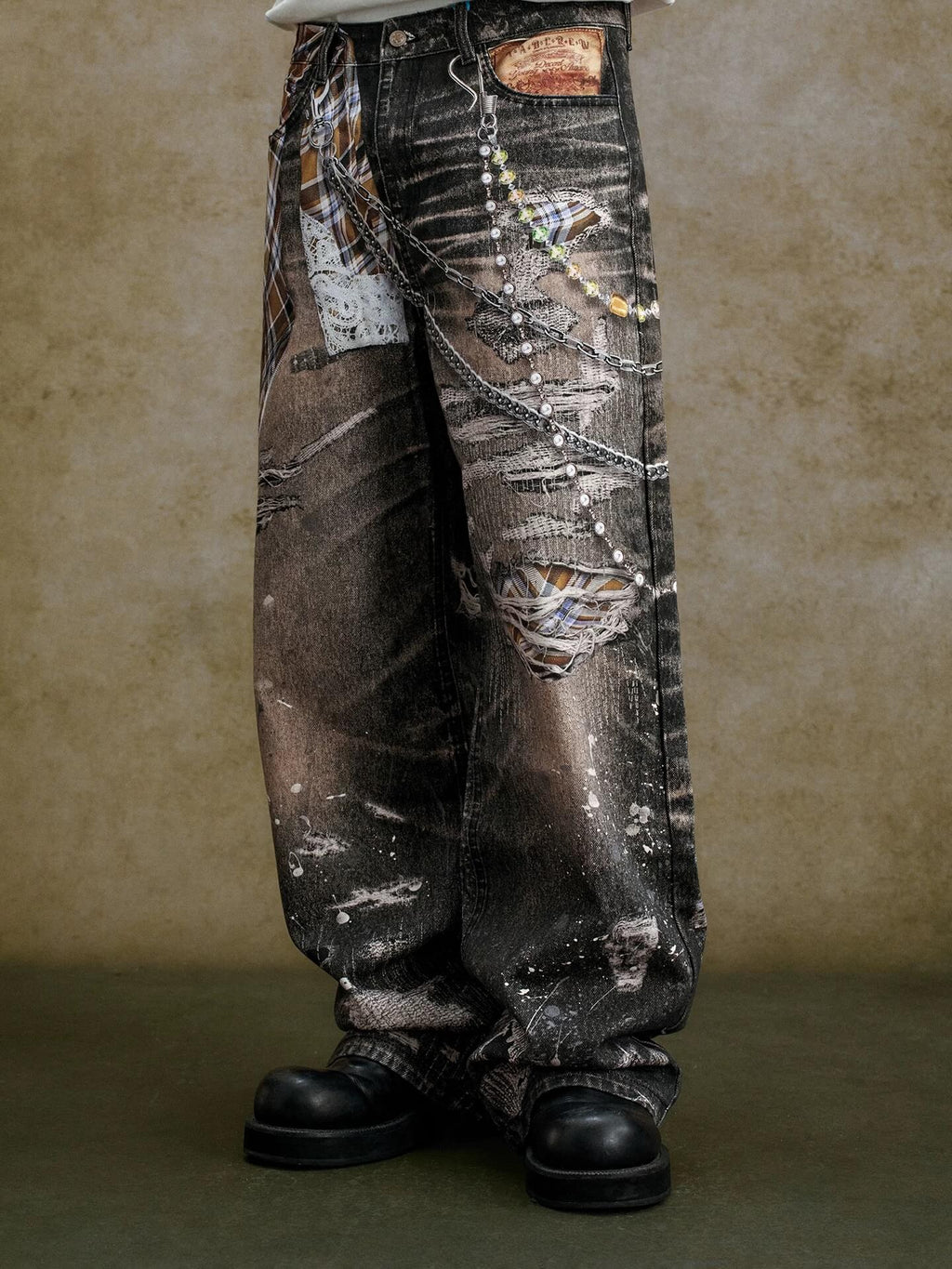YADcrew Twisted Check Shirt 3D Digital Print Jeans