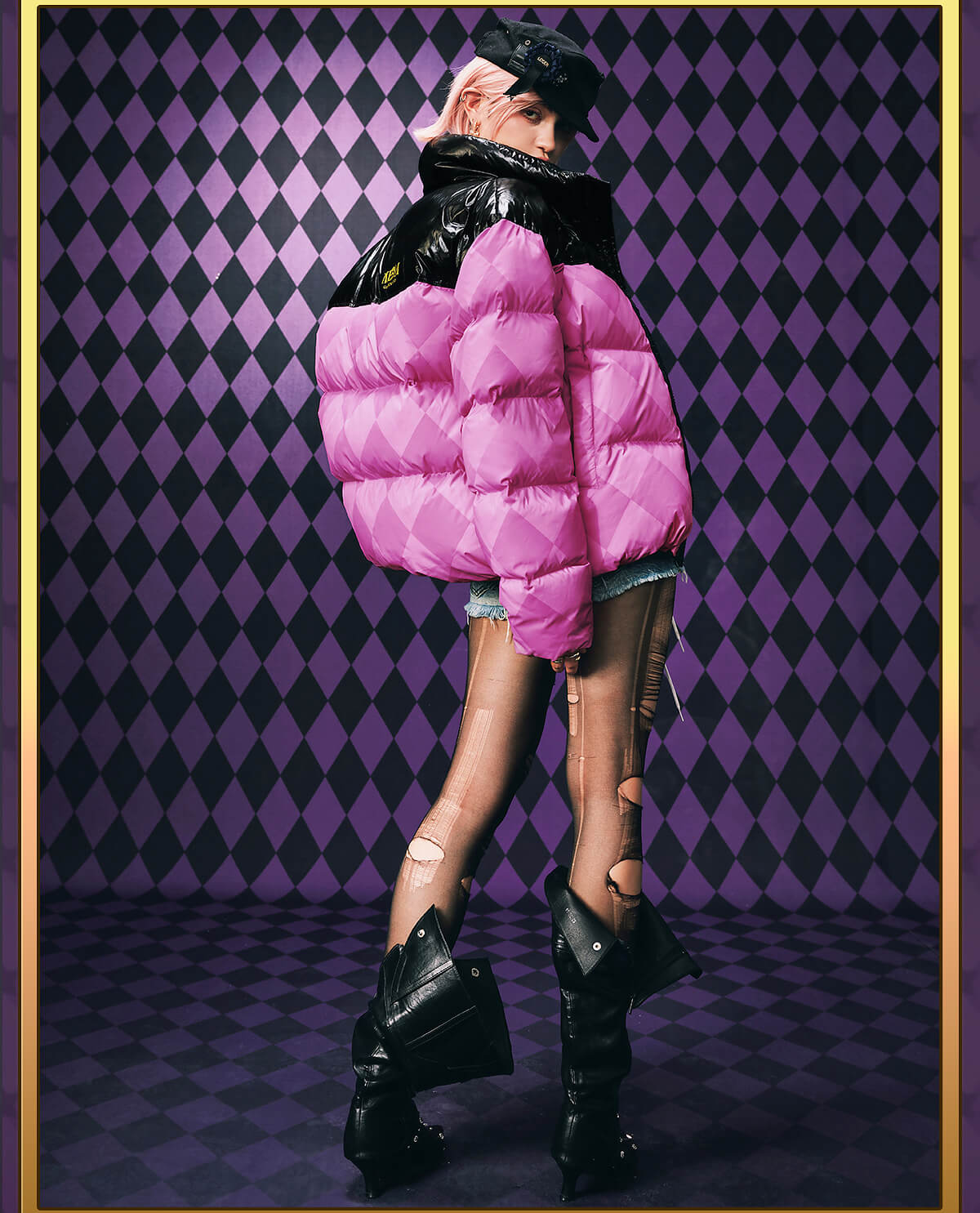 MEDM × JOJO Color Block Diamond Plaid Down Jacket