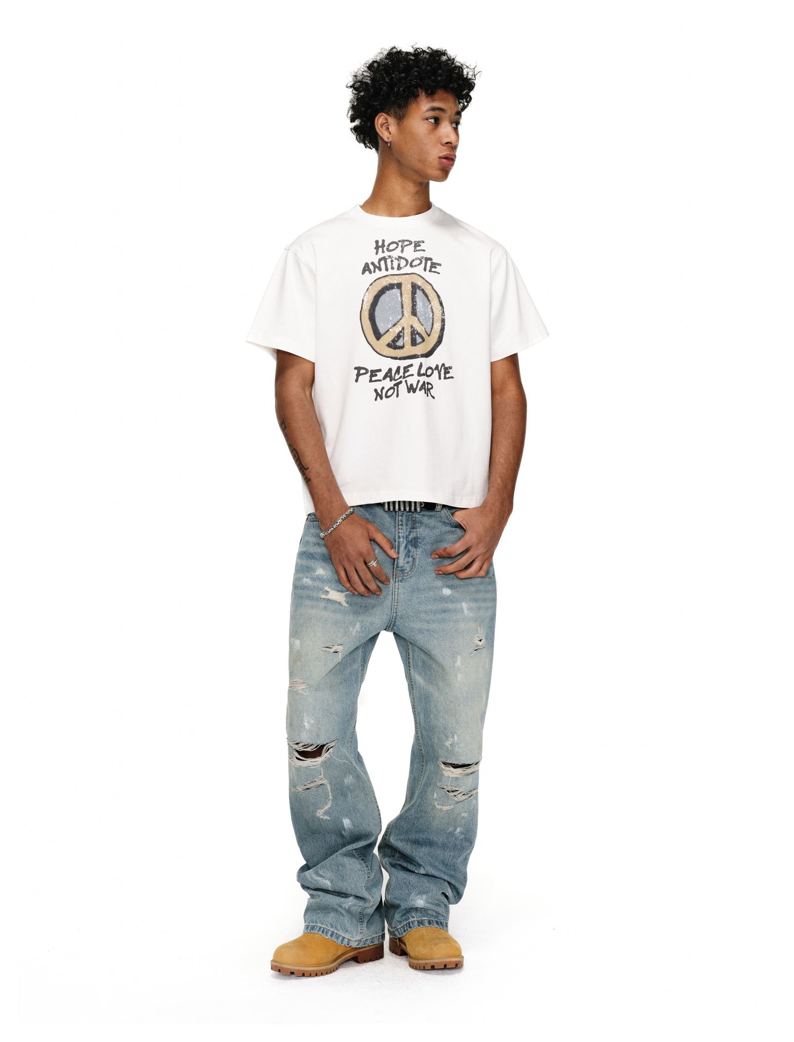 ANTIDOTE Washed Ripped Holes Light Blue Flared Jeans