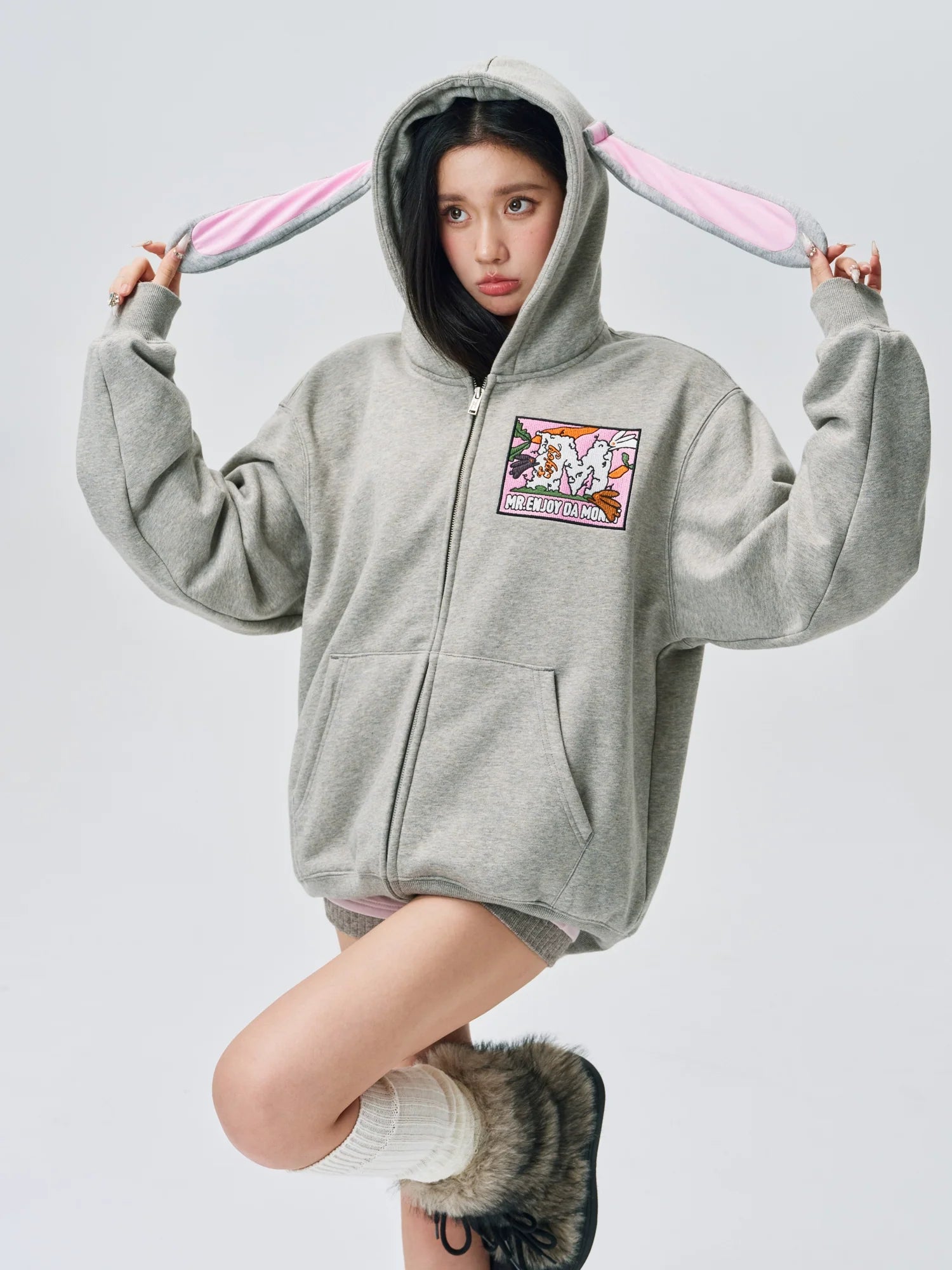 MEDM Bunny Ears Hooded Zip-Up Hoodie