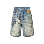 YADcrew Plaid Shirt Chain Photorealistic Print Denim Shorts
