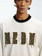 MEDM Frayed Logo Patch Washed Distressed Long Sleeve Tee