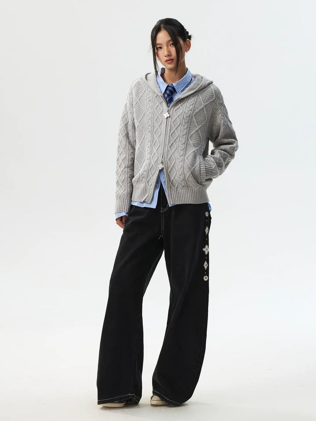 MEDM Hooded Cable Knit Zip Up Cardigan