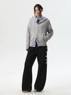 MEDM Hooded Cable Knit Zip Up Cardigan