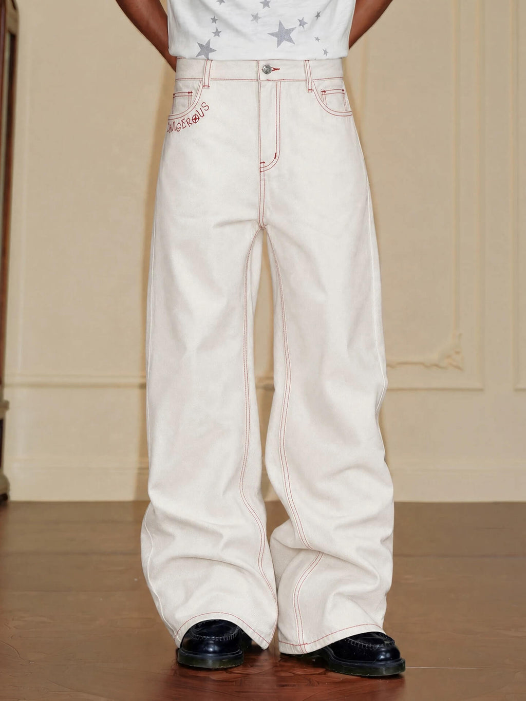 YADcrew Heart Shaped Pocket Slight Flare White Jeans