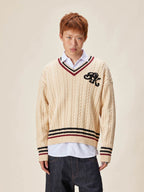 EVILKNIGHT(EK) Logo Cable Knit V Neck Sweater