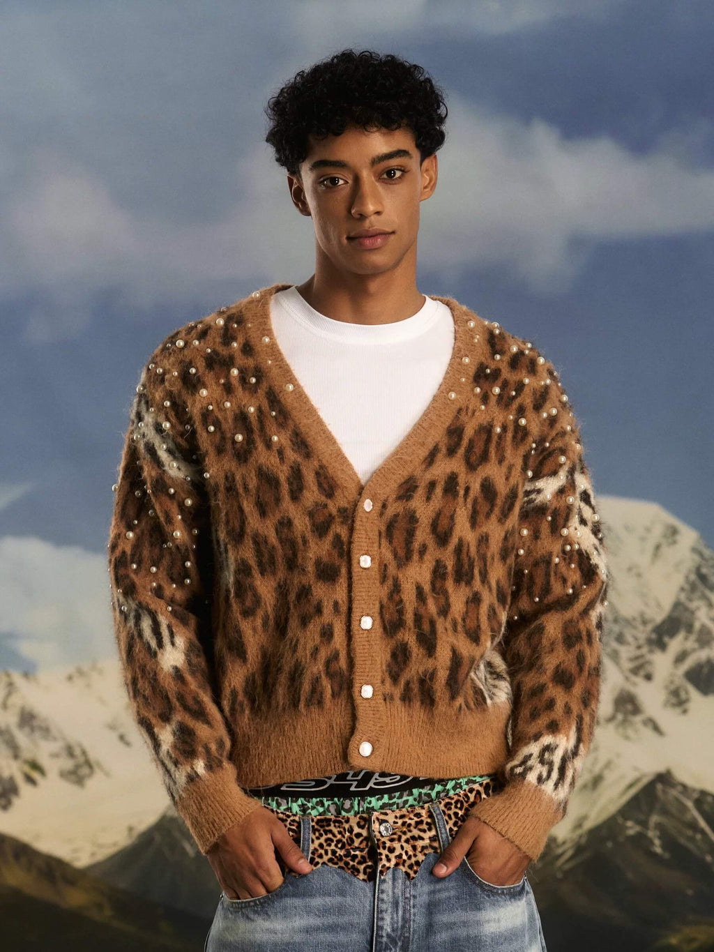 S45 Pearl Studded Leopard Knit Cardigan