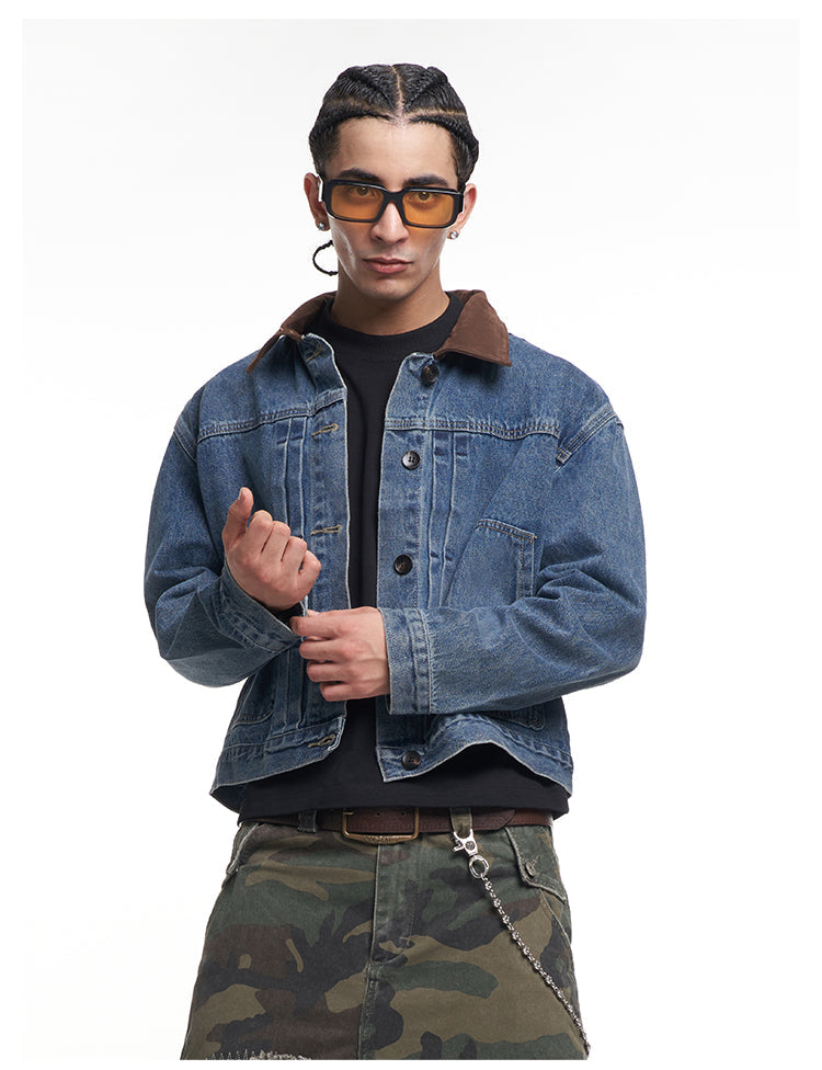 F3F Select Suede Lapel Washed Denim Jacket