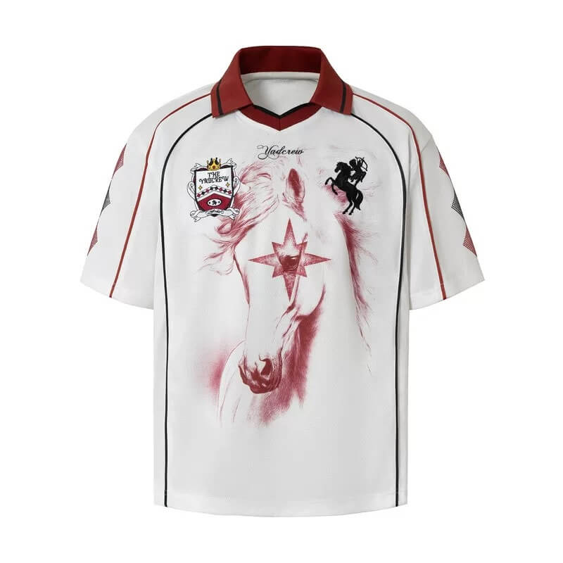 YADcrew Rhinestone Embroidered Patch Horse Print Mesh Polo Jersey