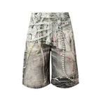 YADcrew Denim Pearl Bead Chain Digital Print Shorts