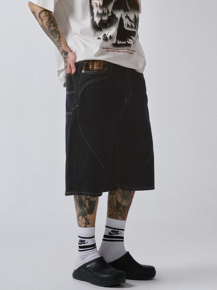 F2CE Plaid Pocket Patchwork Denim Baggy Shorts