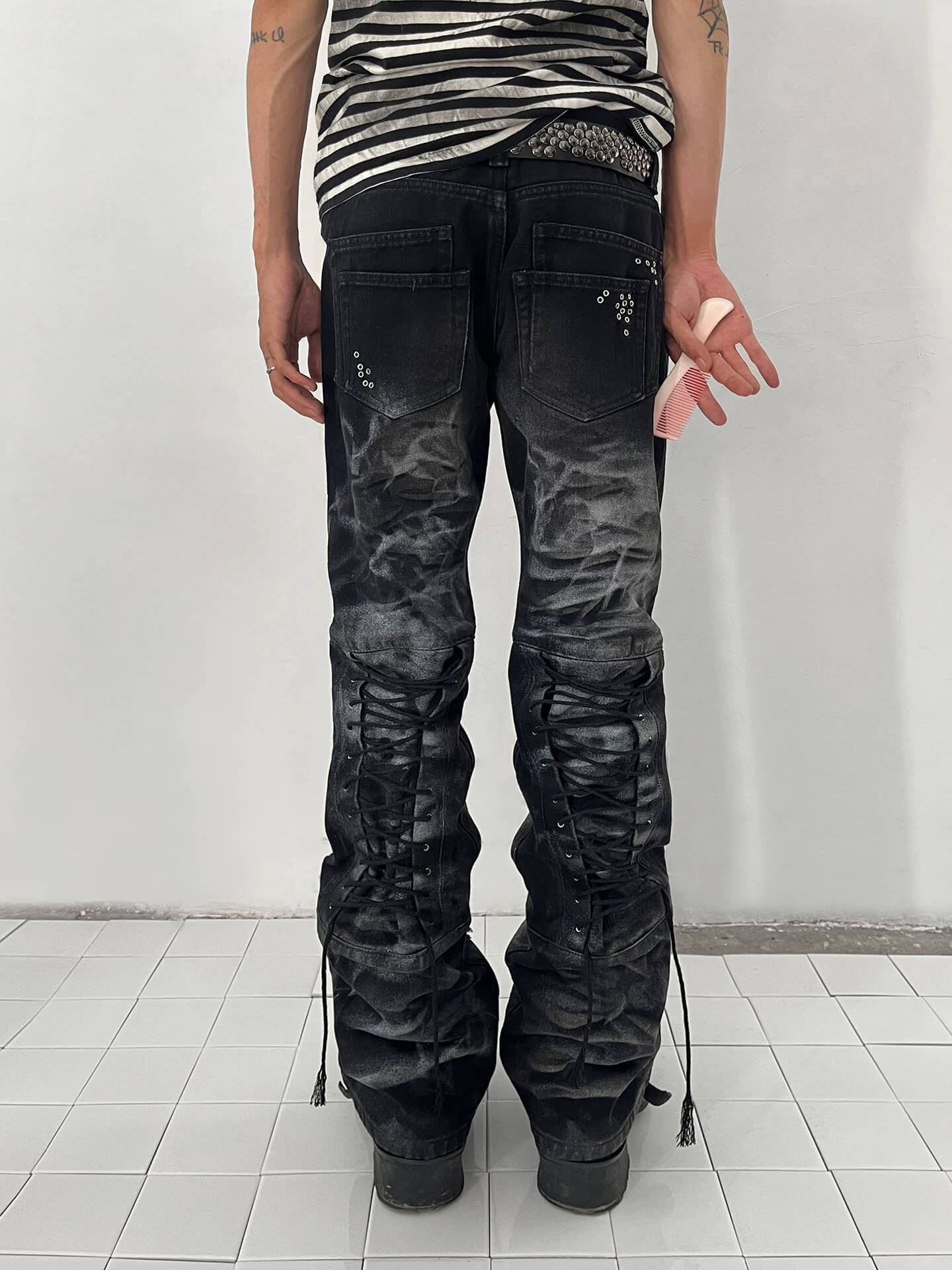 Night Lab Studded Lace Up Heavy Washed Distressed Jeans