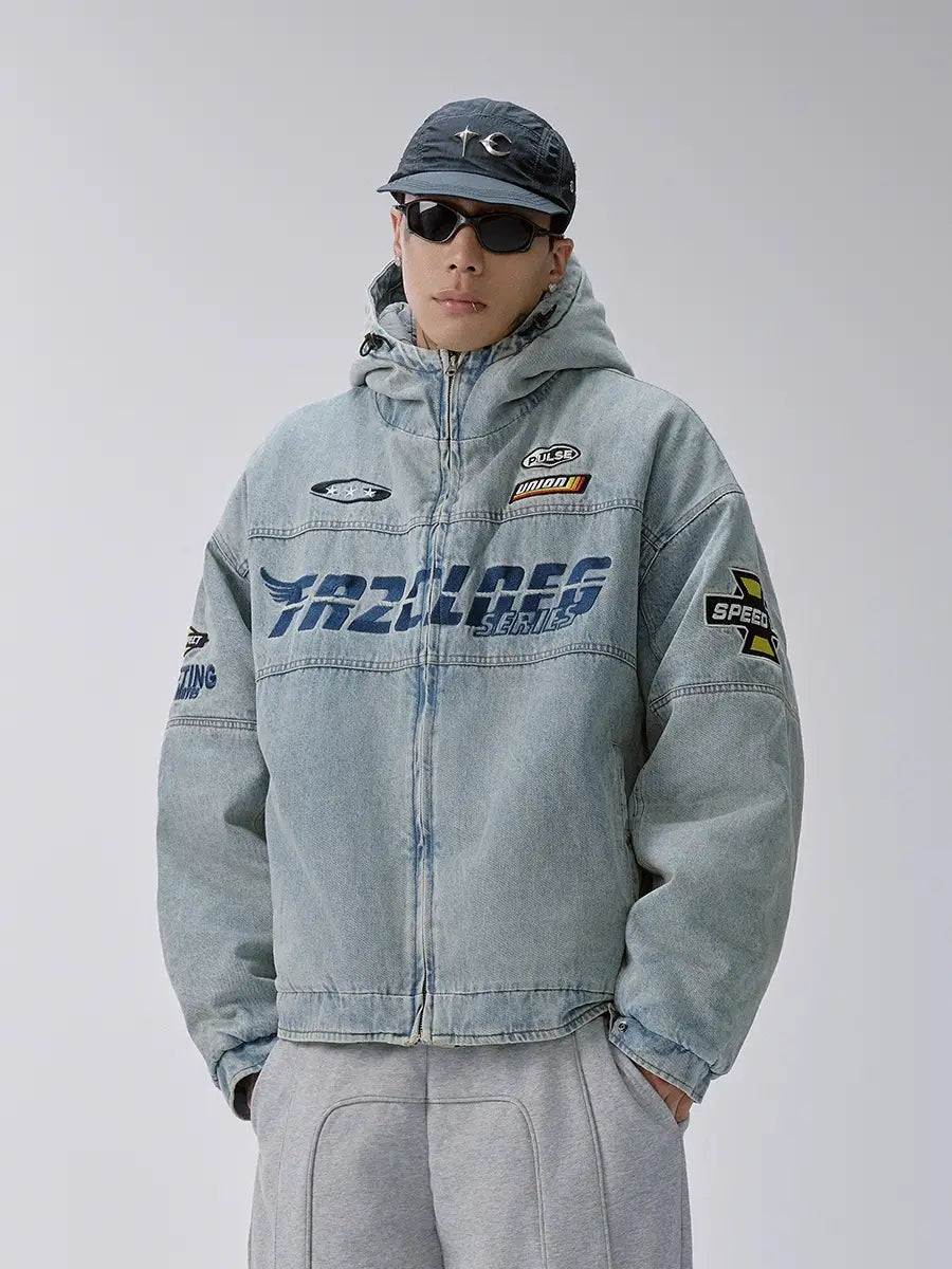 F2CE Racing Embroidered Vintage Washed Denim Jacket