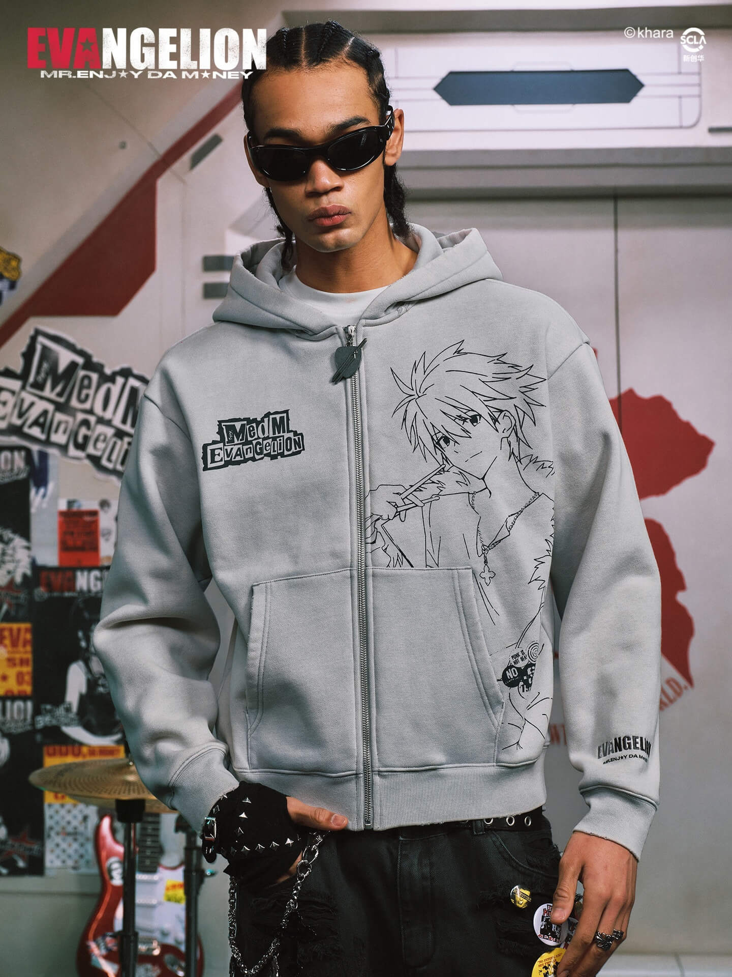 MEDM x EVA NEVER END Character Print Distressed Washed Zip Up Hoodie