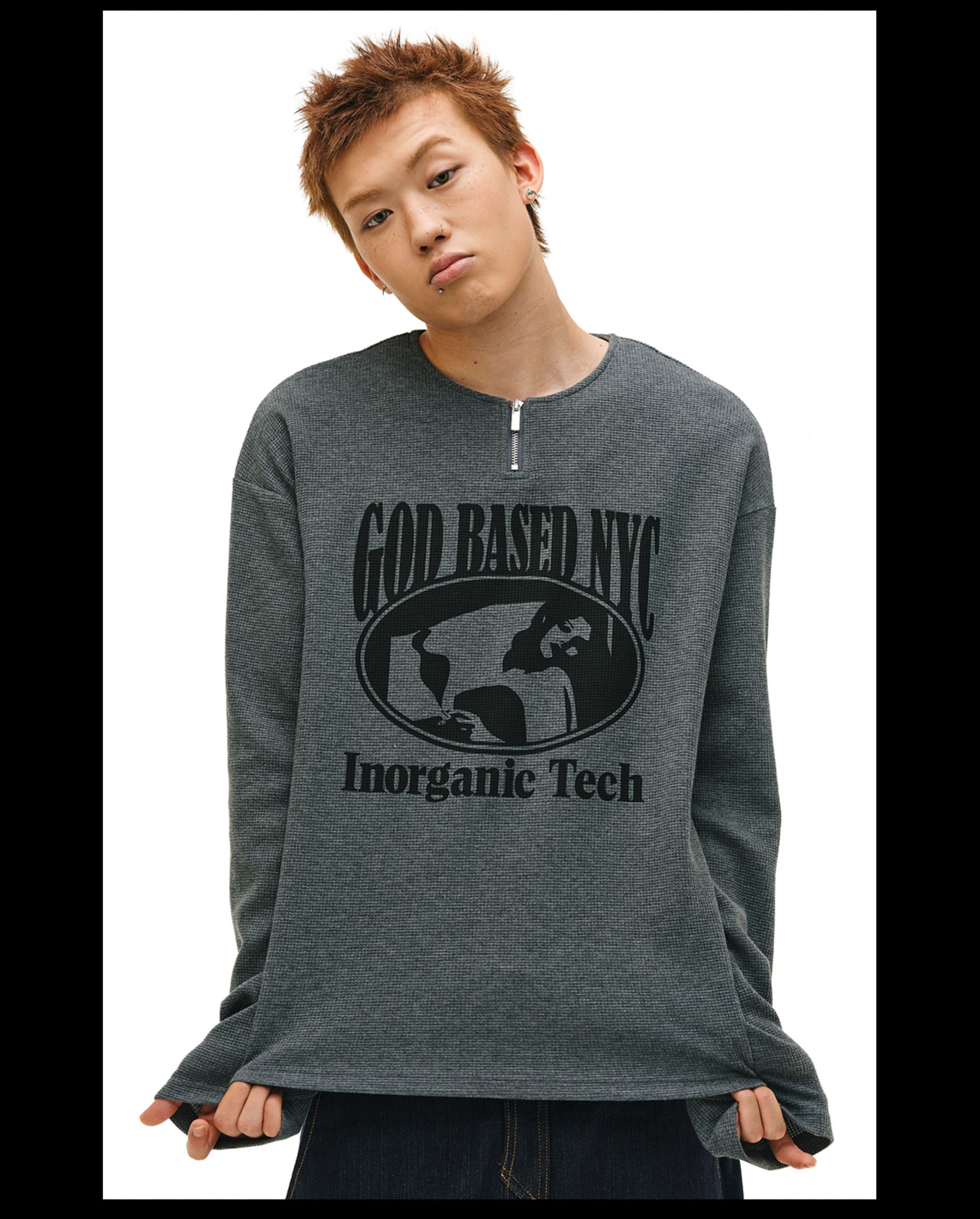 NOVACAM Waffle Vintage Print Zip Long Sleeve Tee