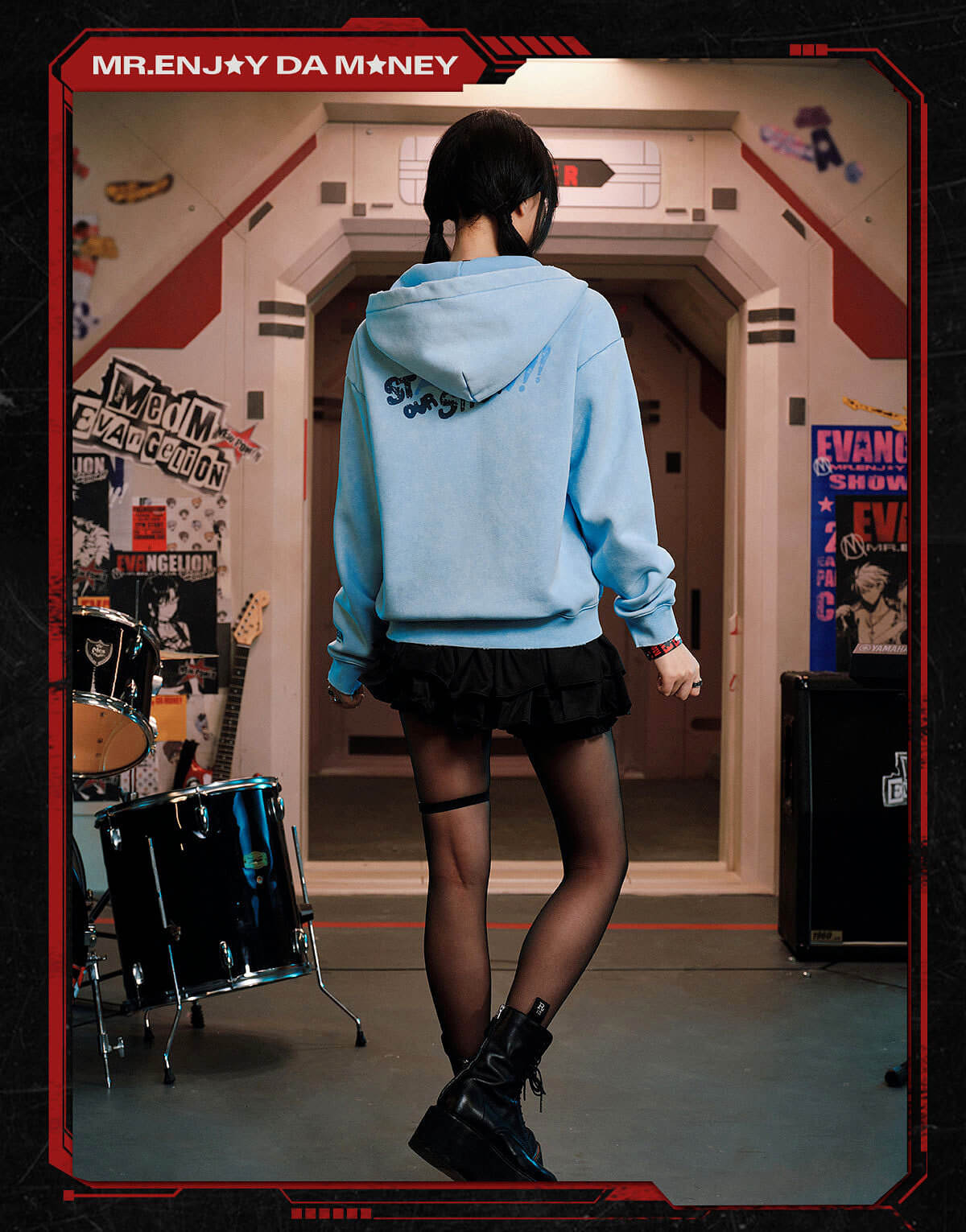 MEDM x EVA NEVER END Character Print Distressed Washed Zip Up Hoodie