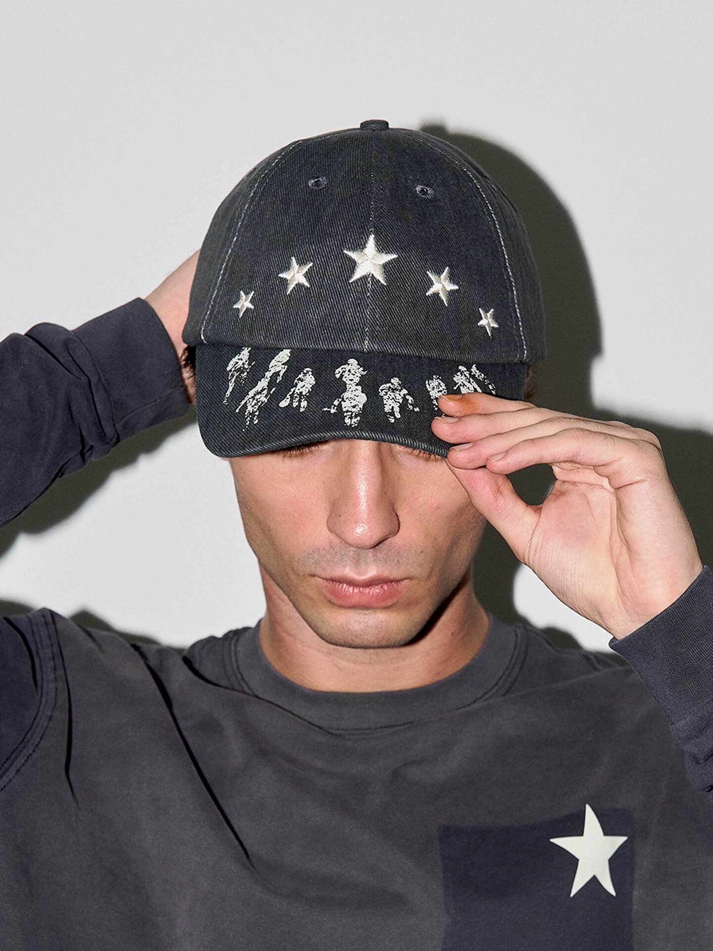 LIBERAFIT Star Embroidered and Printed Denim Baseball Cap