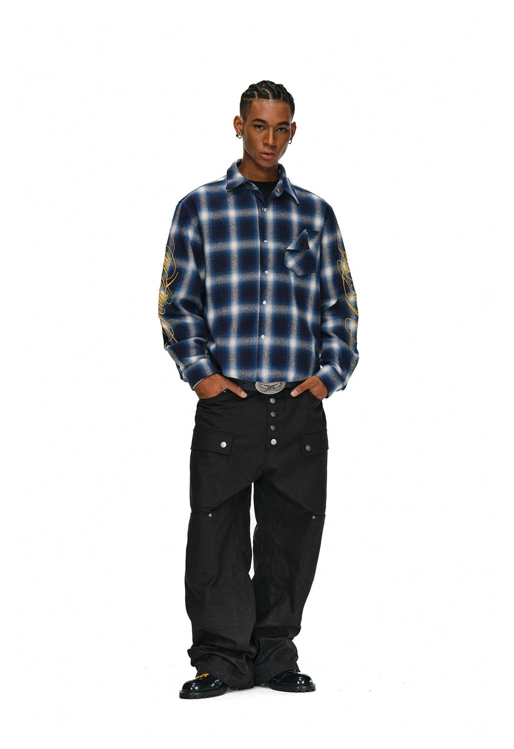 ANTIDOTE Embroidered Flannel Plaid Long Sleeve Shirt