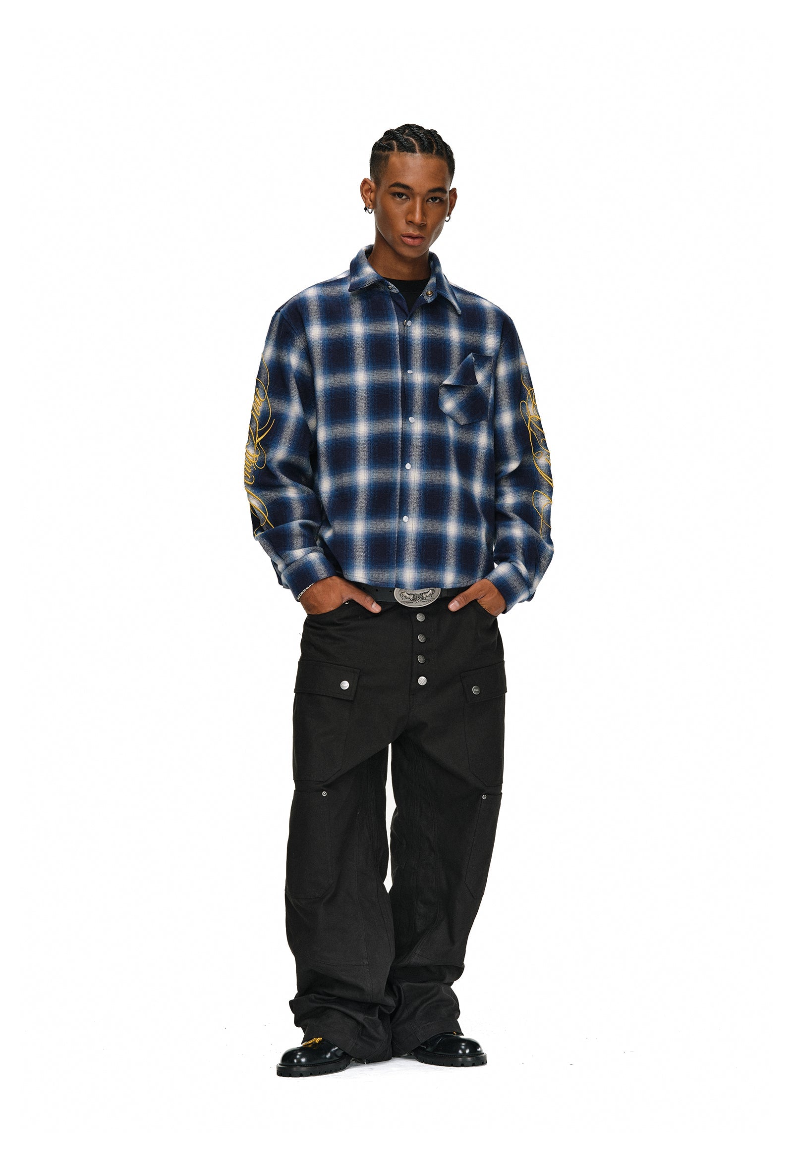 ANTIDOTE Embroidered Flannel Plaid Long Sleeve Shirt