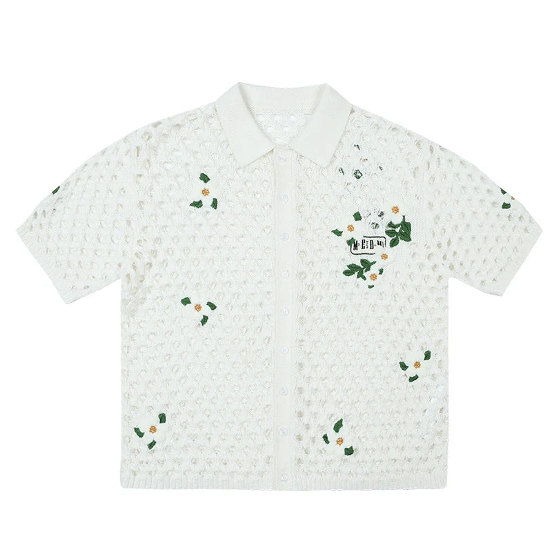 MEDM Flower Embroidery Open Knit Short Sleeve Shirt