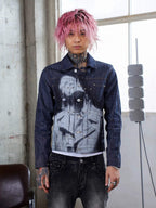 TGFCLUB Portrait Graphic Studded Slim Fit Denim Jacket