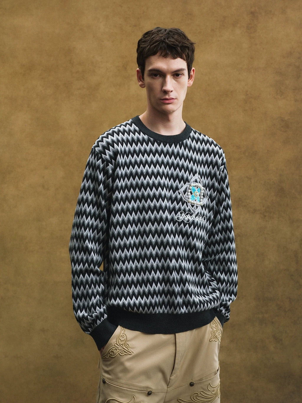 YADcrew Sequin Cross Flower Wave Pattern Knit Sweater