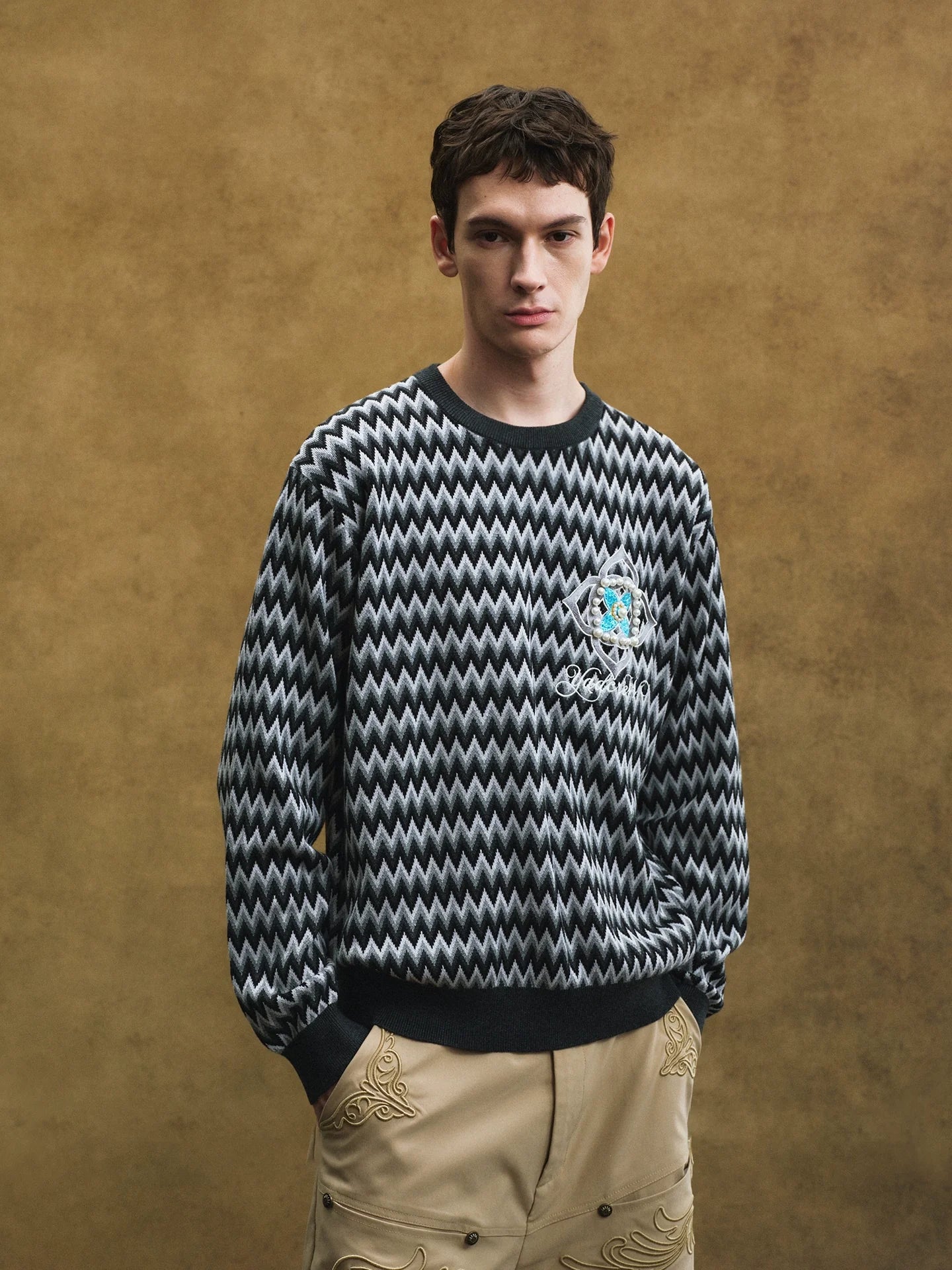 YADcrew Sequin Cross Flower Wave Pattern Knit Sweater