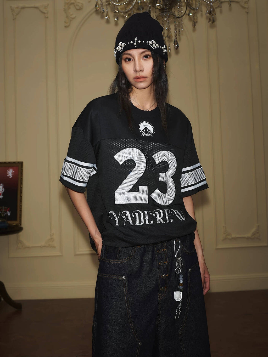 YADcrew Rhinestone Digital Checkered Numbering Mesh Tee