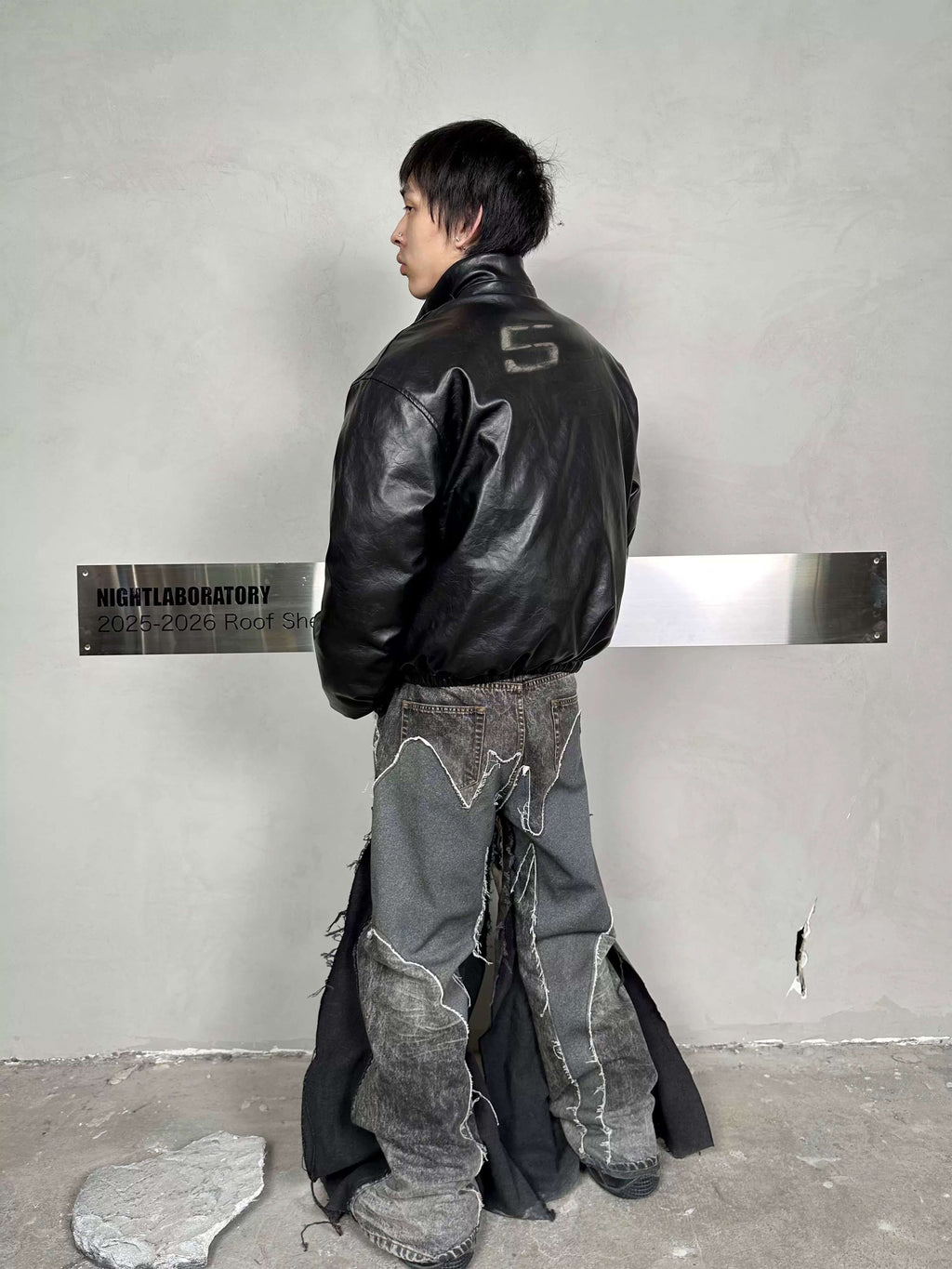 Night Lab Military 5 Painted PU Leather Puffer Bomber Jacket