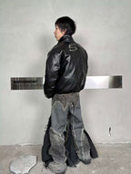Night Lab Military 5 Painted PU Leather Puffer Bomber Jacket