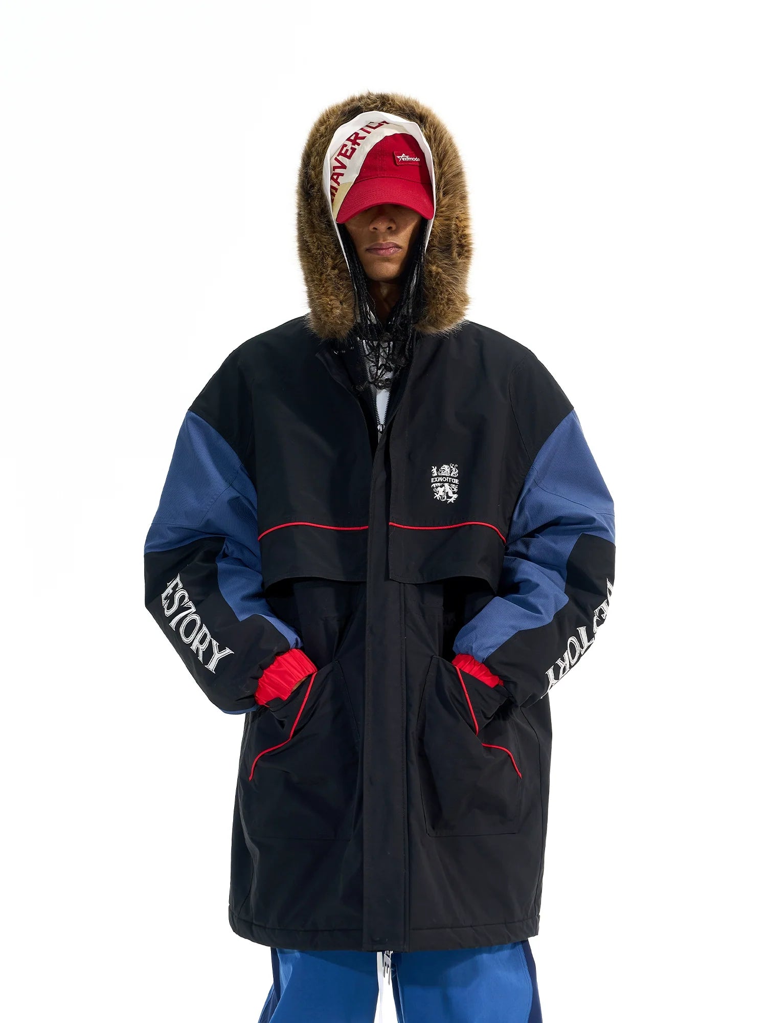 BLIND NO PLAN Color Block Fur Collar Coat