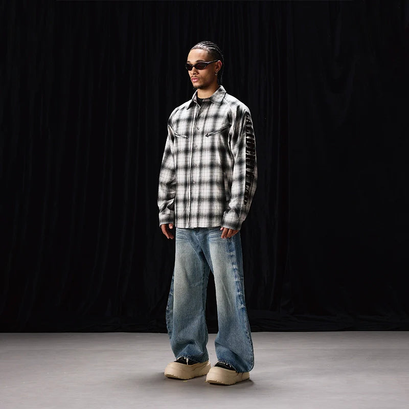 Labt Western Plaid Patch Embroidered Long Sleeve Shirt