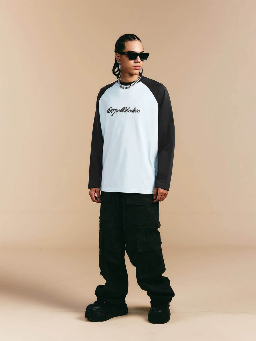 1807 ROLLTHEDICE 3D Embroidered Color Block Raglan Long Sleeve Tee
